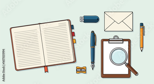 Organized workspace essentials for creative professionals: notebook, pen, USB drive, magnifying glass and envelope in a flatlay design, perfect for planning and inspiration