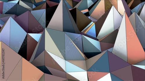 abstract colorful triangle background. Abstract background with polygonal surface from concrete or plastic and metallic lines and spheres as net. Animation of seamless loop.