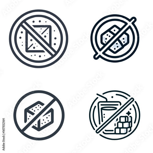 No sugar symbol icons with crossed-out sugar cubes and drinks  