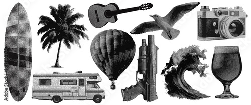 Set of summer vacation halftone grunge vector design elements