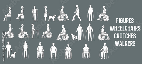 Minimal Outline Vector Illustrations of People Using Wheelchairs, Crutches, Walkers, and Service Animals – Accessibility and Mobility Aids for Healthcare and Architectural Design