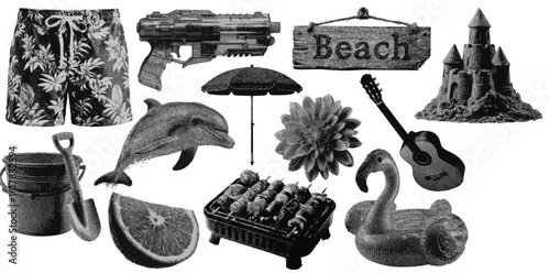 Set of summer vacation halftone grunge vector design elements