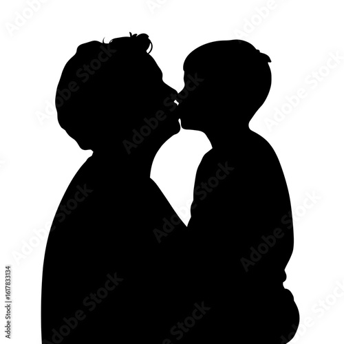Silhouette of mother and child in loving embrace, showing tender affection and connection. Silhouette captures heartfelt moment between parent and kid, displaying bond and maternal love.