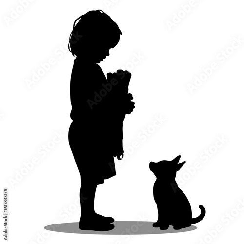 Silhouette of child and dog, a delightful black silhouette showing child and pet, isolated. Silhouette art contrasts child holding stuffed toy with attentive puppy, set against pristine backdrop.
