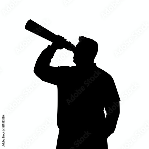 Silhouette of man shouting into megaphone, isolated on white. Silhouette shows person's face and upper body as he speaks into the speaker, amplifying his message.