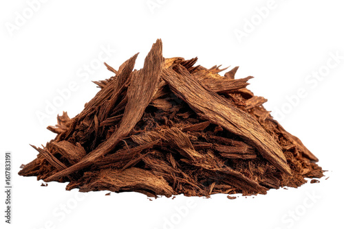 Rustic mulch pile, shredded bark wood chips texture, brown landscaping ground cover material for gardening projects isolated on Transparent Background