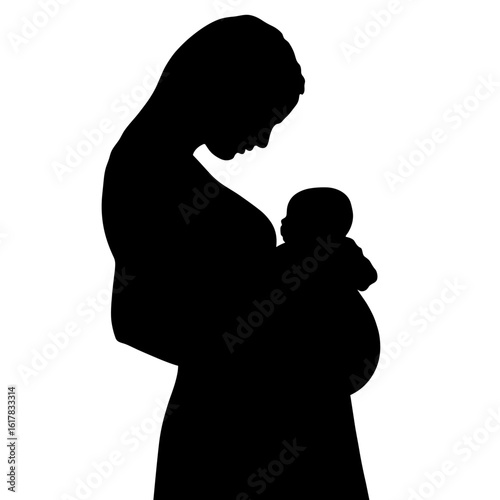 Mother and child silhouette with caring mother lovingly holding newborn baby. Silhouette of this mother and child is a timeless symbol of love and motherhood, maternal bond shown tenderly.