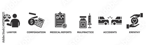 Personal Injury law icon set illustration concept with icon of lawyer, compensation, medical report, malpractice, accident, empathy 