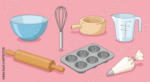Baking essentials arranged on a pastel pink backdrop ready to create delicious treats for family gatherings and culinary projects