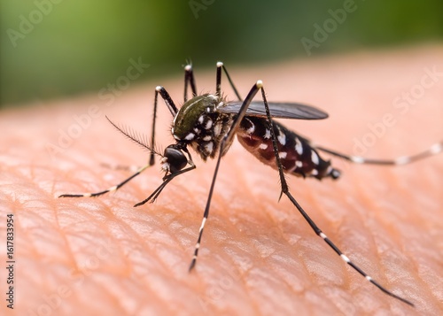 A close-up macro shot of an aedes aegypti mosquito sucking blood from human skin, potentially transmitting dangerous diseases such as dengue fever, zika virus and chikungunya