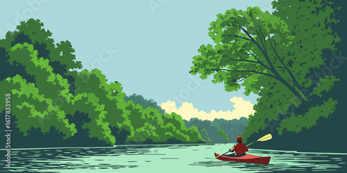 digital art, kayaking in a lush green forest, calm river, cloudy sky, vibrant colors, detailed landscape, serene atmosphere, nature scenery, outdoor adventure, tranquil waterway, detailed foliage, hig