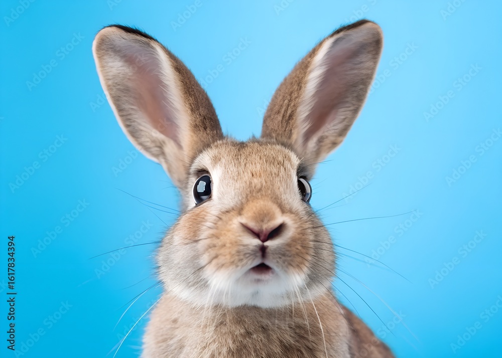 Fototapeta premium Close-up of a surprised rabbit on blue background