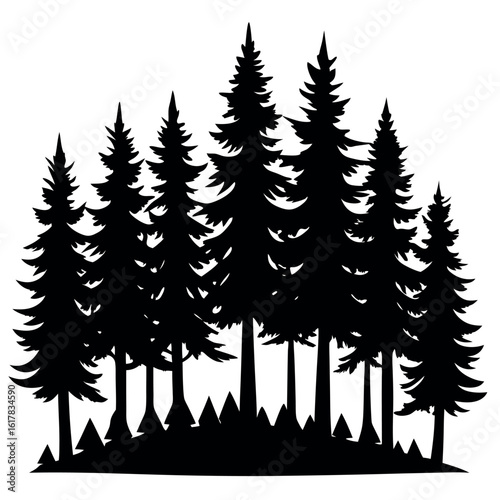 Set of 12 grouped pine trees in silhouette isolated on white background