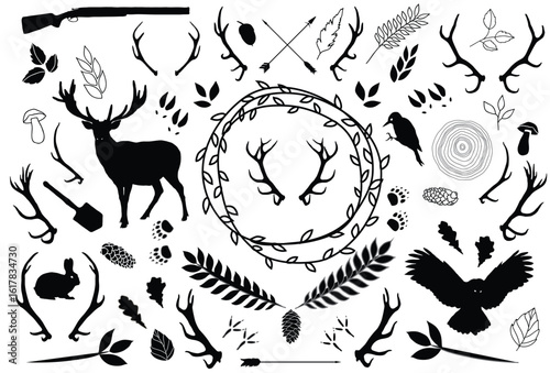 Forest Wildlife Silhouette Clipart Set – Antlers, Leaves, Animals and Nature Elements