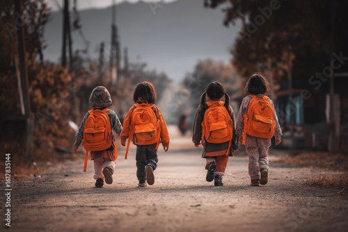 Childrens walking with orange backpacks back to school