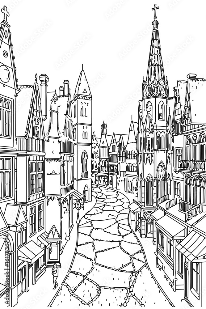 Obraz premium Bruges, Belgium black and white coloring page for adults. European city, cityscape, buildings, street, landmarks, square vector outline doodle sketch for anti stress color book