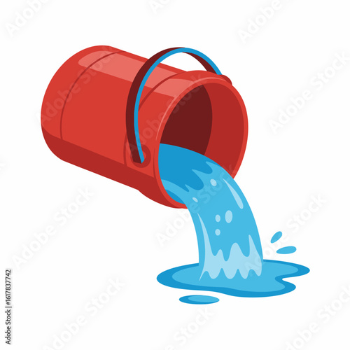 Cartoon Red Bucket Pouring Blue Water Illustration with a Clean Isolated Background for Various Creative Designs and Projects