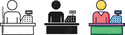 Cashier serving customers at a checkout counter with a modern cash register
