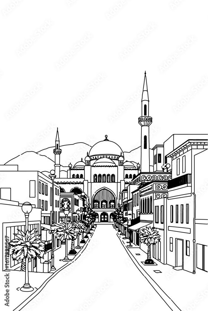 Obraz premium Muscat, Oman black and white coloring page for adults. Middle East city, cityscape, buildings, street, landmarks, mosque vector outline doodle sketch for anti stress color book