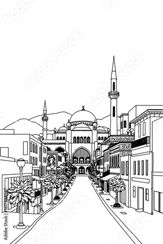 Muscat, Oman black and white coloring page for adults. Middle East city, cityscape, buildings, street, landmarks, mosque vector outline doodle sketch for anti stress color book