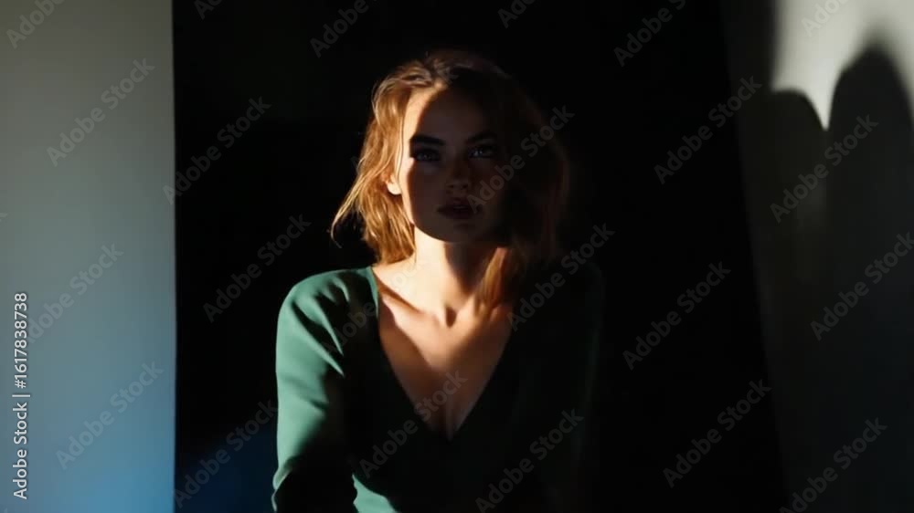 A young woman with striking green eyes and tousled hair is illuminated by warm natural light. The soft glow creates a serene atmosphere in the darkened space around her A young woman with striking green eyes and tousled hair is illuminated by warm natural light. The soft glow creates a serene atmosphere in the darkened space around her