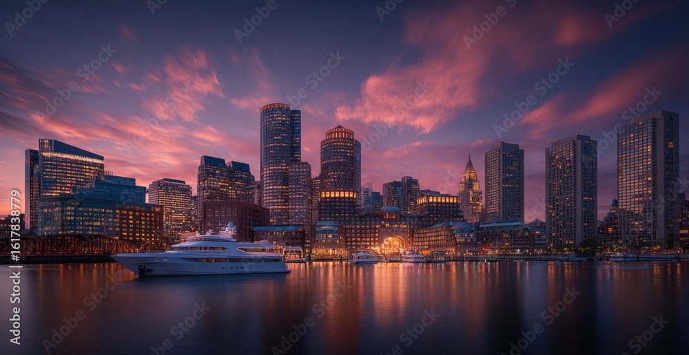 Obraz premium Vibrant city skyline at twilight reflecting on the waterfront with modern high-rise buildings and a yacht docked in the harbor