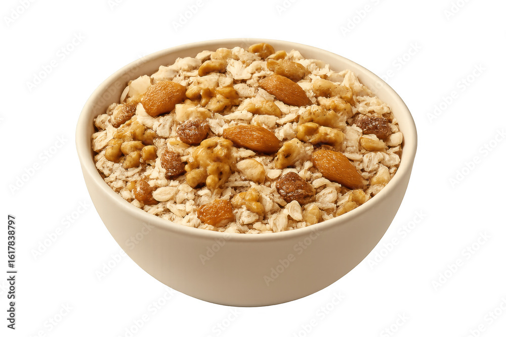 Hearty oatmeal featuring golden raisins, crunchy almonds, and toasted walnuts providing wholesome breakfast nourishment Hearty oatmeal featuring golden raisins, crunchy almonds, and toasted walnuts providing wholesome breakfast nourishment