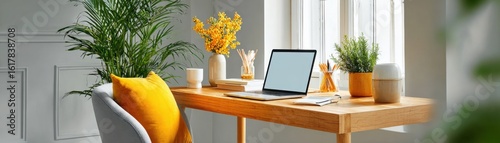 Bright modern home office workspace with laptop, decorative plants, yellow pillow, natural light, clean design, cozy environment