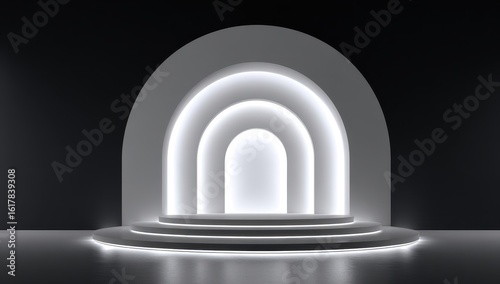 White arched pedestal, lit by glowing light