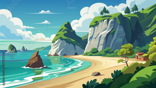 Vector art of idyllic beach landscape featuring towering cliffs, golden sand, and clear blue sea under a bright sky