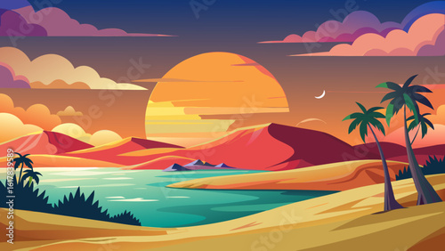 Vector art of a striking desert sunset casts dramatic shadows across sand dunes and an oasis with palm trees under a colorful sky