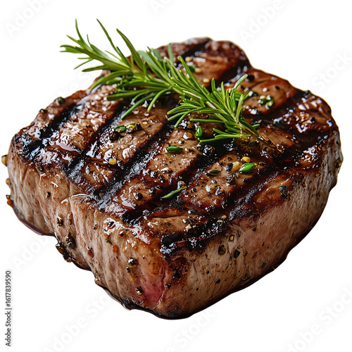 Juicy grilled steak garnished with fresh herbs, perfect for gourmet dining and culinary presentations.