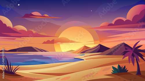 Vector art of a tranquil beach scene at sunset, featuring a vibrant sky with purple and orange clouds, calm ocean, and a solitary palm tree