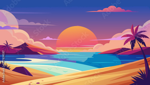Vector art of the sun sets over a tropical beach, casting a warm glow on the sand and sea, with silhouetted palm trees against a colorful sky