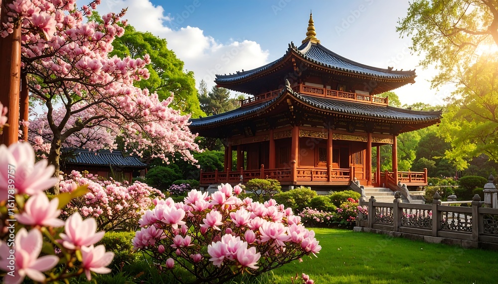 Serene pagoda nestled amidst vibrant pink blossoms and lush greenery under a sunny sky Serene pagoda nestled amidst vibrant pink blossoms and lush greenery under a sunny sky