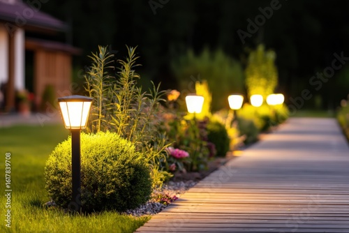 Scenic outdoor garden pathway illuminated by decorative lamps surrounded by lush green plants and colorful flowers du evening time