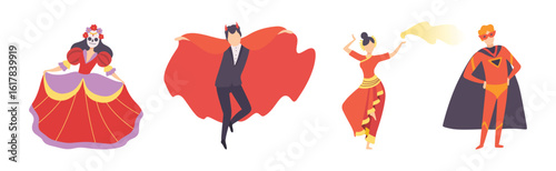 Carnival with People Character Dressed in Masquerade Costume Vector Set