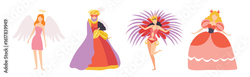 Carnival with People Character Dressed in Masquerade Costume Vector Set