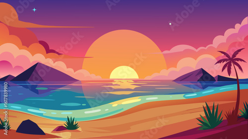 Vector art of a stunning tropical beach at sunset, featuring palm trees, mountains, and a vibrant sky over the shimmering sea