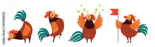 Funny Rooster or Cockerel Character in Different Pose Vector Set