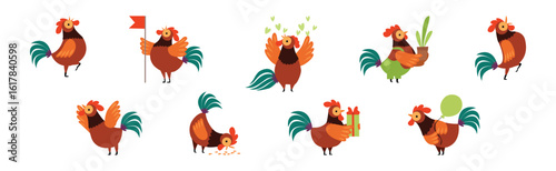 Funny Rooster or Cockerel Character in Different Pose Vector Set