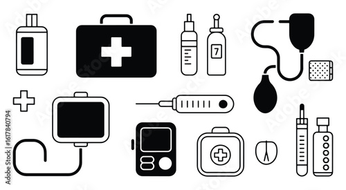 Medical Equipment Icons First Aid Kit Syringe Blood Pressure Monitor
