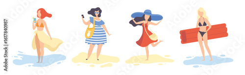 Young Woman at Sea Shore Sunbathing and Enjoying Summer Vector Set