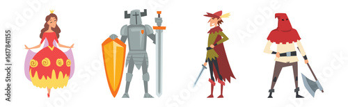 Medieval People Character in Standing Pose Vector Illustration Set