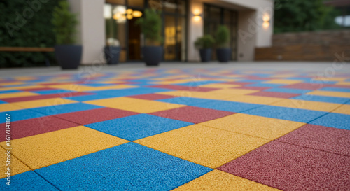 Rubber Tiles Floor Playground Surface Background, Colorful Geometric Safety EPDM Mat Square Pattern Texture in Modern Design of Outdoors Playground Patio Area