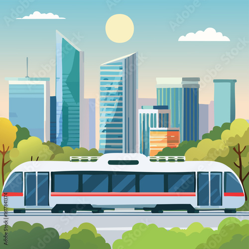 Modern MRT Train Passing Through the City – Urban Mass Rapid Transit System with Townscape Background, Public Transportation Concept, Smart City Mobility, Vector Illustration or Realistic Scene