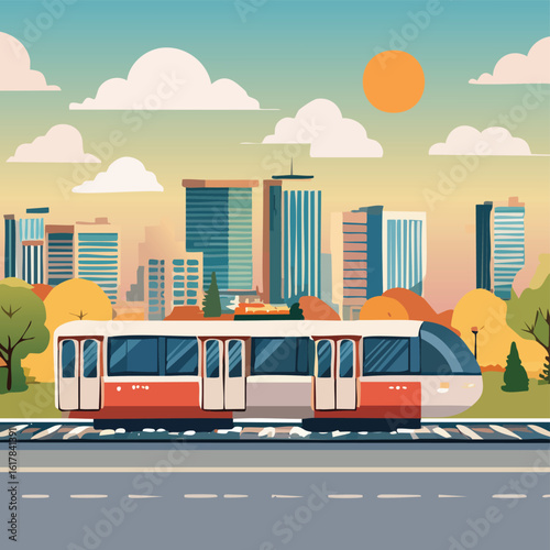 Modern MRT Train Passing Through the City – Urban Mass Rapid Transit System with Townscape Background, Public Transportation Concept, Smart City Mobility, Vector Illustration or Realistic Scene