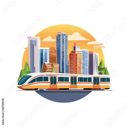 Modern MRT Train Passing Through the City – Urban Mass Rapid Transit System with Townscape Background, Public Transportation Concept, Smart City Mobility, Vector Illustration or Realistic Scene