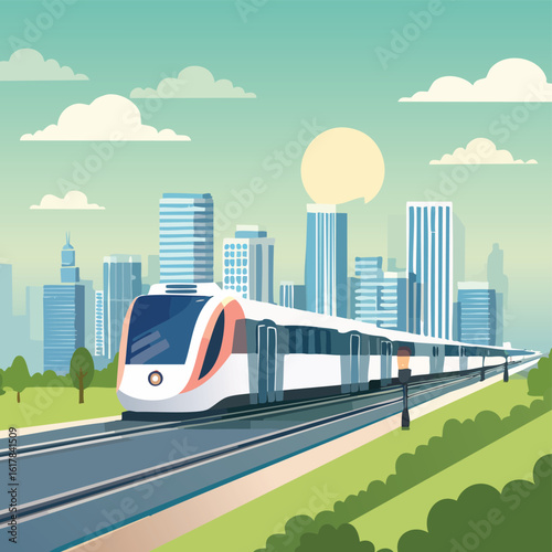 Modern MRT Train Passing Through the City – Urban Mass Rapid Transit System with Townscape Background, Public Transportation Concept, Smart City Mobility, Vector Illustration or Realistic Scene
