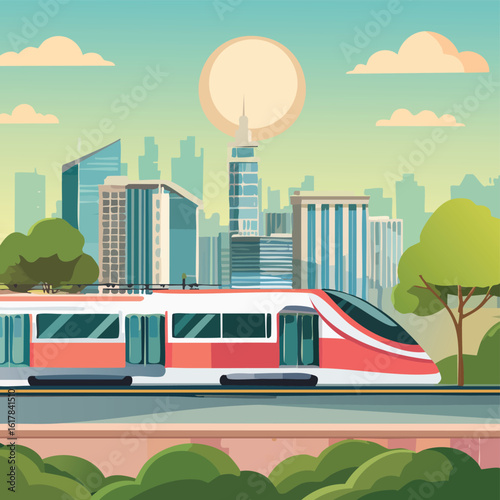 Modern MRT Train Passing Through the City – Urban Mass Rapid Transit System with Townscape Background, Public Transportation Concept, Smart City Mobility, Vector Illustration or Realistic Scene